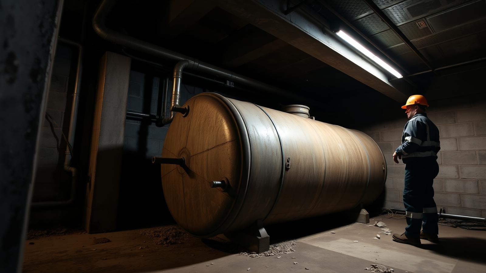 Fachkraft bei der Prüfung eines alten Öltanks im Keller vor der Entsorgung