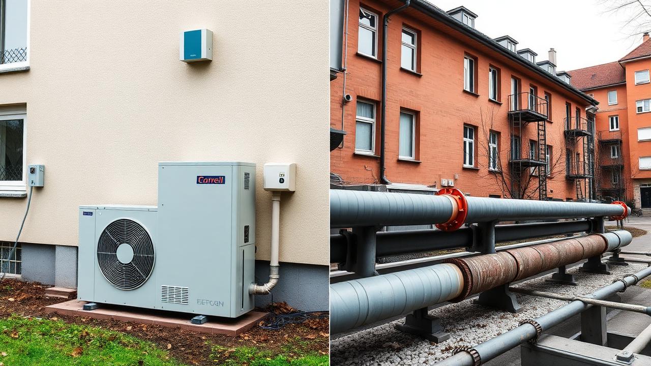 Vergleich: Wärmepumpen-Außeneinheit an einem Berliner Wohnhaus und Fernwärmeleitungen im Straßenraum